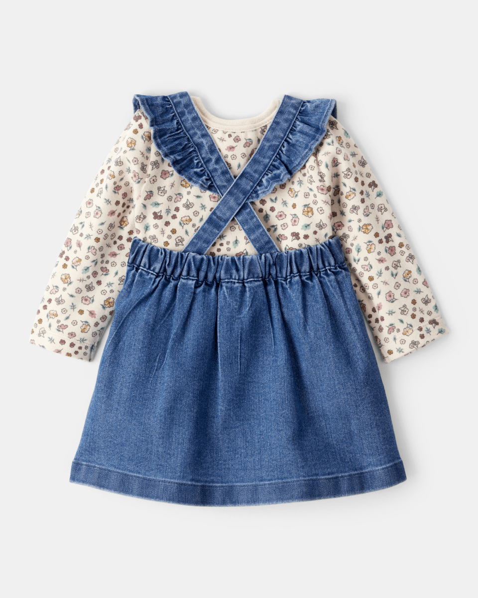 Conjunto 3 piezas jumper denim con volantes, camiseta floral y leotardos - Carter's
