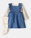 Conjunto 3 piezas jumper denim con volantes, camiseta floral y leotardos