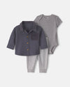 3-piece set, quilted shirt jacket, bodysuit and pants, gray