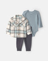 Conjunto 3 piezas, sobrecamisa de cuadros, body y pantalón
