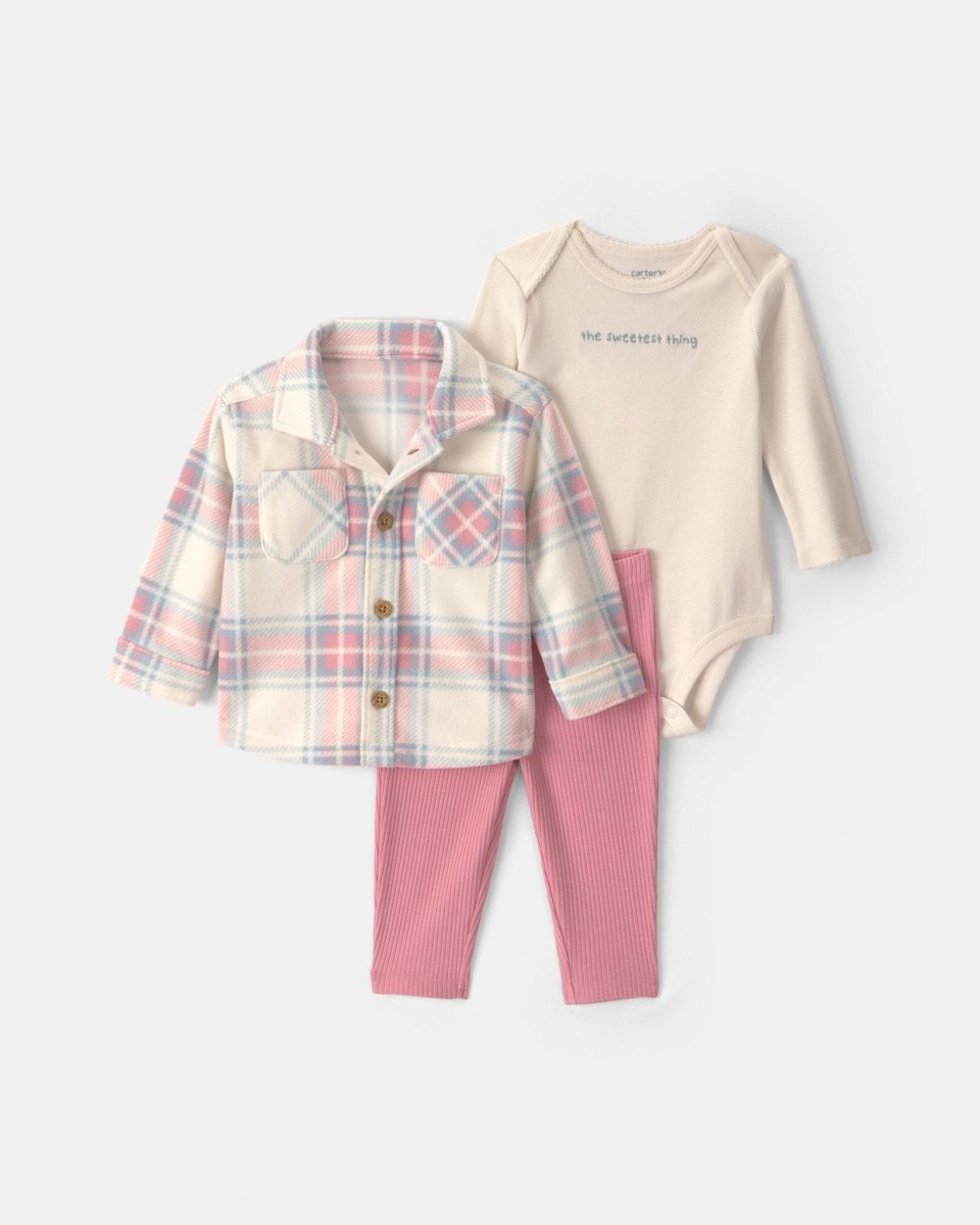 Conjunto 3 piezas, sobrecamisa de cuadros y leggings, rosa - Carter's