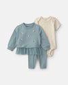 Conjunto 3 piezas, sudadera bordada, body y leggings, flores