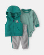 Conjunto 3 piezas universitario, chaleco con capucha, verde - Carter's