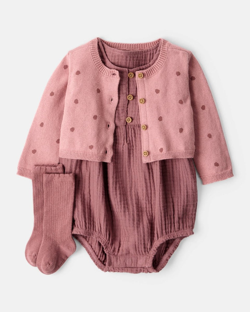 Conjunto 3 piezas vestido tipo bubble con estampado de bellotas para bebé niña - Carter's