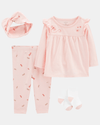 4-piece set, cotton t-shirt, leggings, turban and socks, pink dragonfly design
