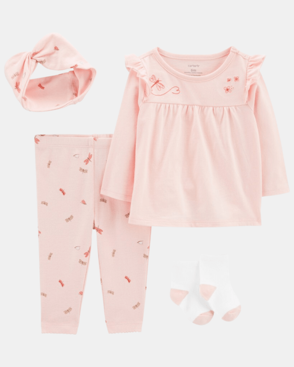 Conjunto 4 piezas, camiseta de algodón, calza, turbante y calcetines, diseño de libélulas en color rosa - Carter's