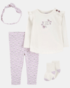 4-piece cotton set, pants, t-shirt, socks and headband, floral design