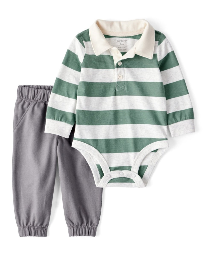 Conjunto body y pantalón a rayas rugby verde para bebé niño - Carter's