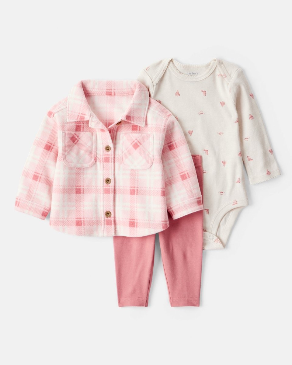 Conjunto de tres piezas con cárdigan rosa de cuadros, body y pantalón - Carter's