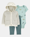 Three-piece set with a hooded sweatshirt and striped trousers