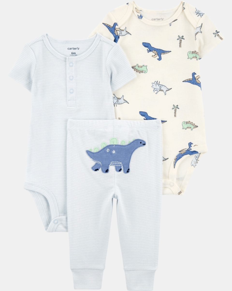 Conjunto de tres piezas en azul con rayas y estampado de dinosaurio - Carter's