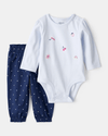 Two-piece cotton set with long-sleeved fruit bodysuit and blue pants
