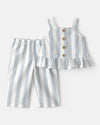 Two-piece sleeveless blouse and linen pants set, sky blue striped design