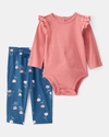 Two-piece set: long-sleeved bodysuit with ruffles and floral pants