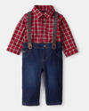 Two-piece checkered shirt and denim suspender pants set