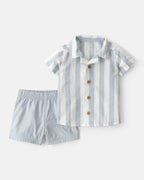 Conjunto dos piezas camisa de lino y pantalón corto de algodón, diseño a rayas azul - Carter's