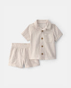 Conjunto dos piezas camisa y pantalón corto de lino, diseño a rayas crema - Carter's