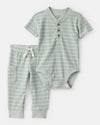 Two-piece cotton set, thermal striped bodysuit and pants
