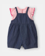 Conjunto dos piezas de algodón con peto corto chambray y camiseta con volantes rosa - Carter's