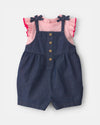 Two-piece cotton set with chambray short overalls and pink ruffled T-shirt