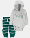 Two-piece cotton set, pants and hooded bodysuit with dino design