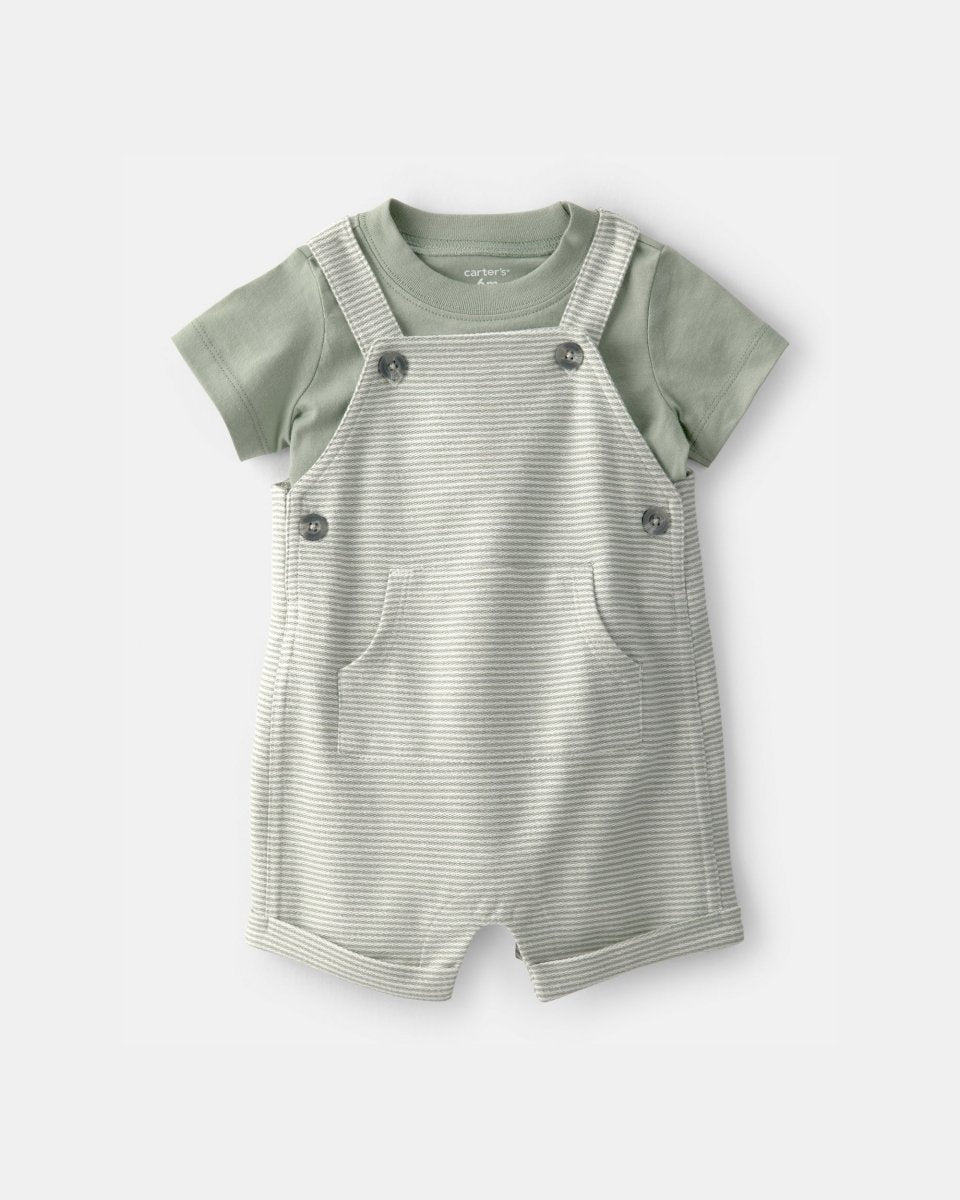 Conjunto dos piezas de lino con peto corto a rayas y camiseta verde - Carter's