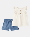 Two-piece set, chambray shorts and cotton T-shirt, floral embroidery