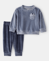 Two-piece fleece sweatshirt set with bear and blue jogger pants