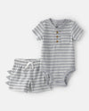 Two-piece breathable dinosaur striped bodysuit and shorts set