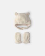 Conjunto gorro y manoplas de borreguito, oso en crema
