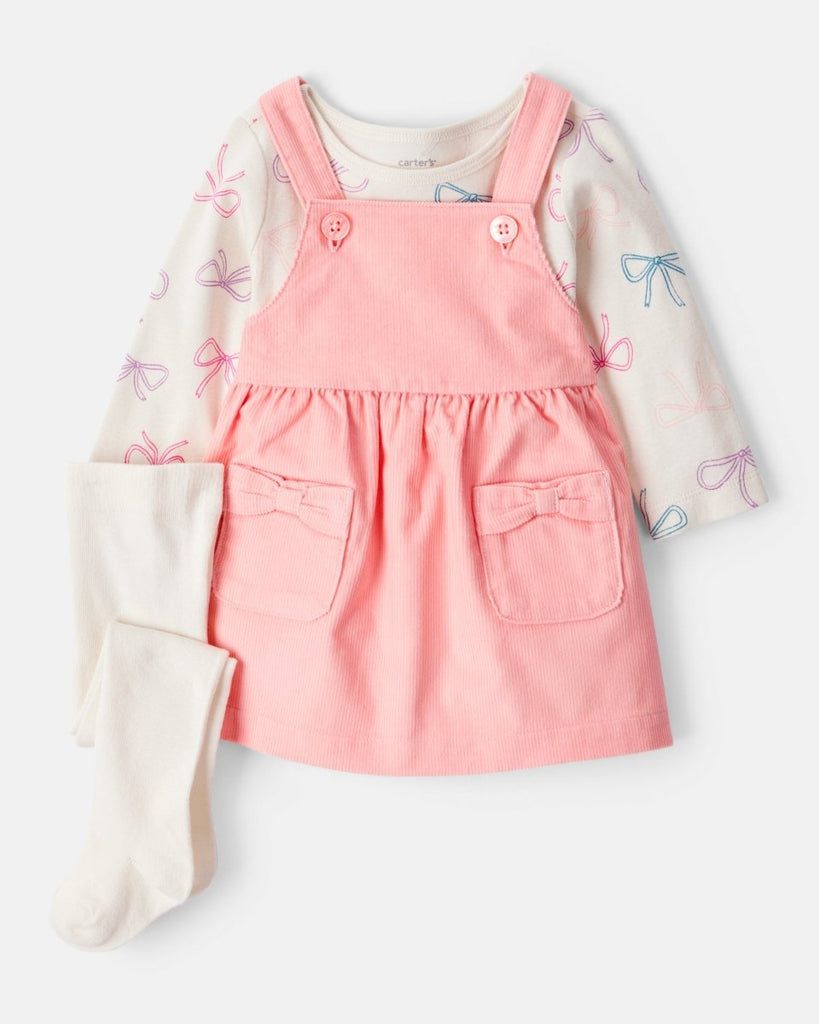 Conjunto jumper 3 piezas rosa de pana con bolsillo y lazo para bebé niña - Carter's