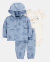 Three-piece cotton set: jacket, pants, and farm-themed bodysuit