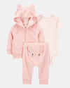Three-piece cotton set: terry jacket and pants plus bunny design bodysuit