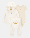 Three-piece cotton set, terry jacket and pants plus duck design bodysuit