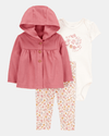 Conjunto tres piezas algodón pantalón chaqueta con capucha y body