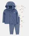 Three-piece cotton set with pants, hooded jacket, and bodysuit