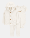Three-piece cotton set with duckling design: pants, jacket, and bodysuit