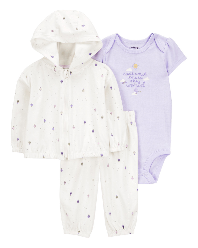 Conjunto tres piezas algodón pantalón y chaqueta más body diseño globo aerostático - Carter´s