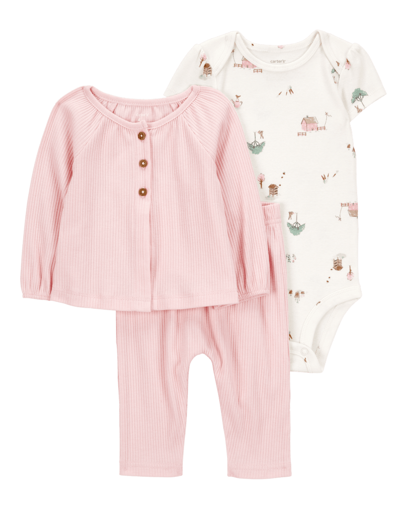 Conjunto tres piezas algodón pantalón y chaqueta punto canalés más body rosa - Carter´s