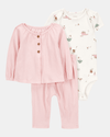 Conjunto tres piezas algodón pantalón y chaqueta punto canalés más body rosa
