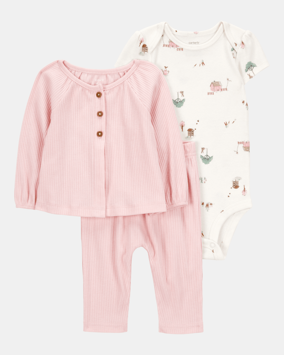 Conjunto tres piezas algodón pantalón y chaqueta punto canalés más body rosa - Carter's