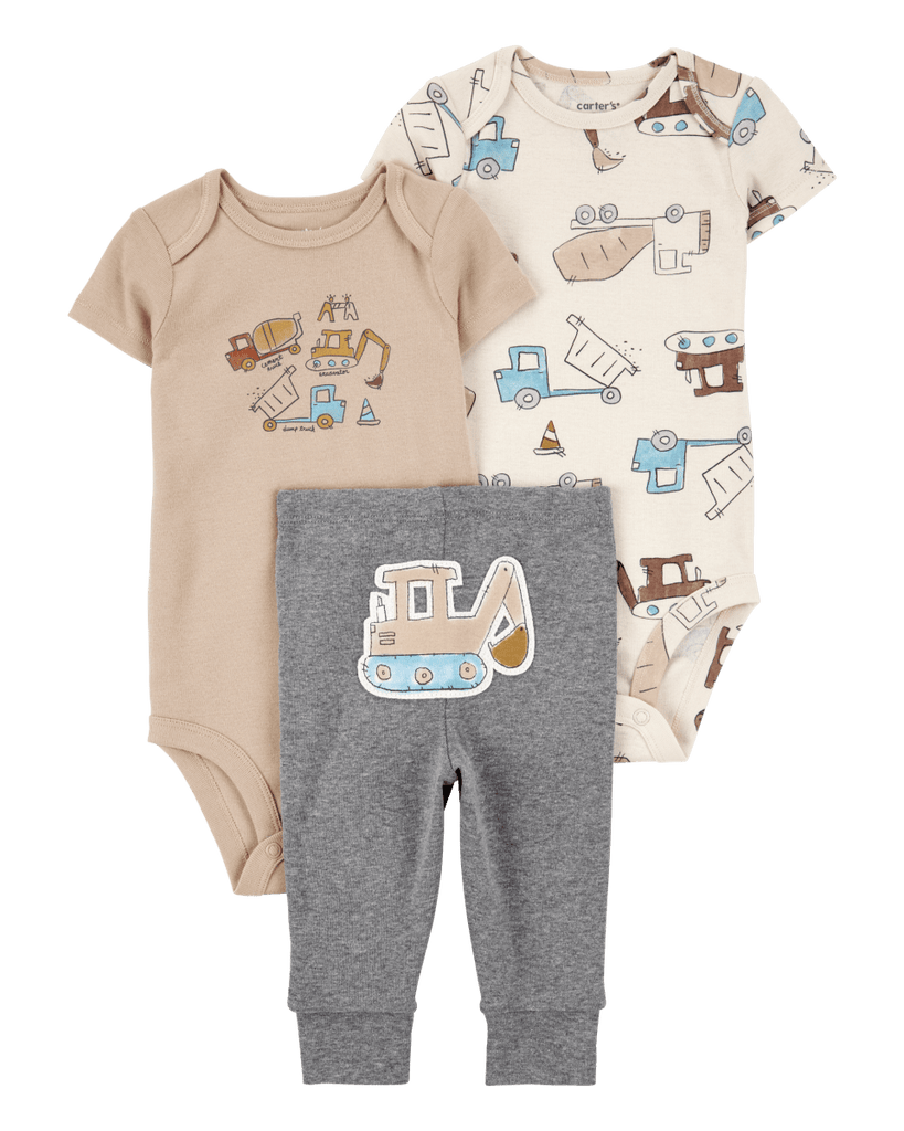 Conjunto tres piezas algodón pantalón y dos bodies diseño constructor - Carter´s