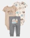 Three-piece cotton set with pants and two construction design bodysuits