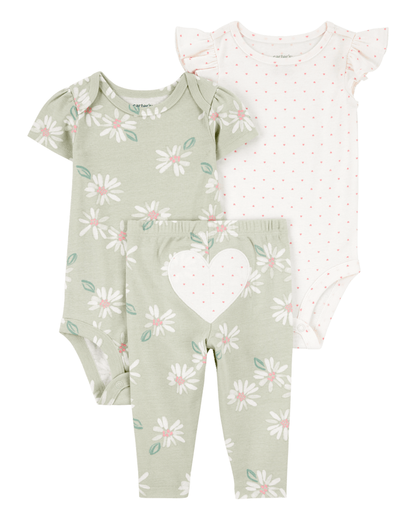 Conjunto tres piezas algodón pantalón y dos bodies diseño corazones - Carter´s