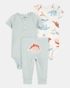 Three-piece cotton set with pants and two dinosaur-print bodysuits