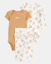 Three-piece cotton set with pants and two floral-design bodysuits
