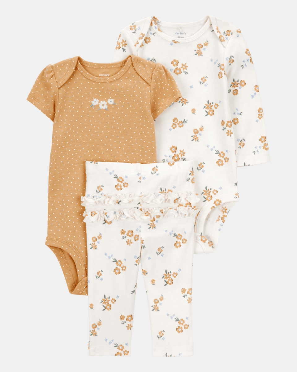 Conjunto tres piezas algodón pantalón y dos bodys diseño floral - Carter's