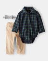 Three-piece plaid bodysuit, bow tie, and beige pants set