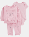 Three-piece cotton bodysuit, sweatshirt, and pants set with bear design