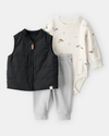 Three-piece set: padded vest, bodysuit, and grey and black trousers